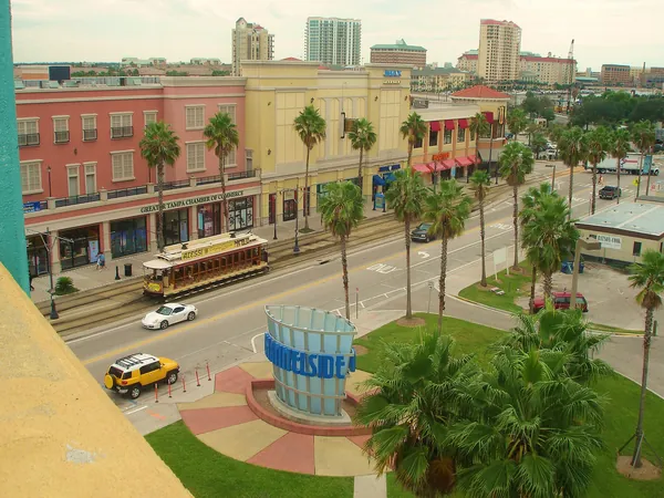 The Channelside district in Tampa with the streetcar