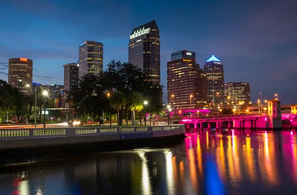 Downtown Tampa skyline at night reflected in the river